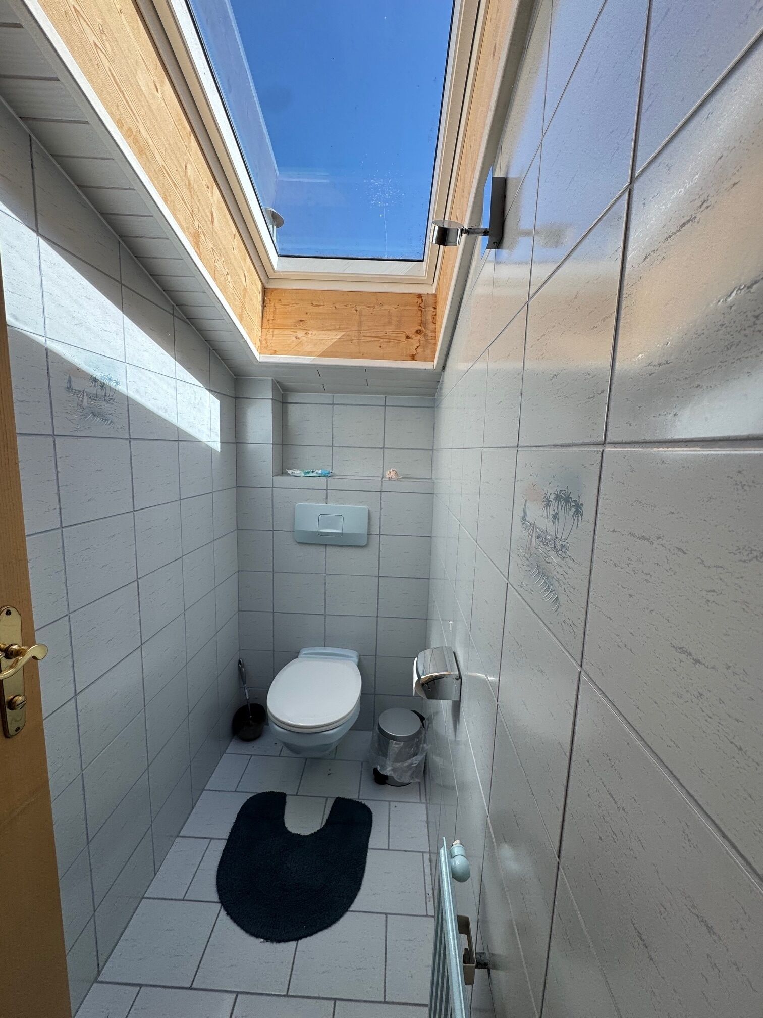 Une petite salle de bain avec un puits de lumière, des toilettes, une petite poubelle et un radiateur.