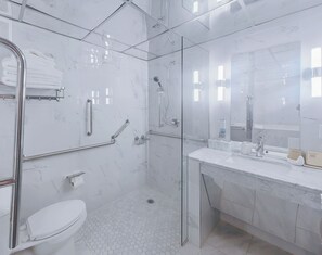 Hair dryer, towels, soap, toilet paper