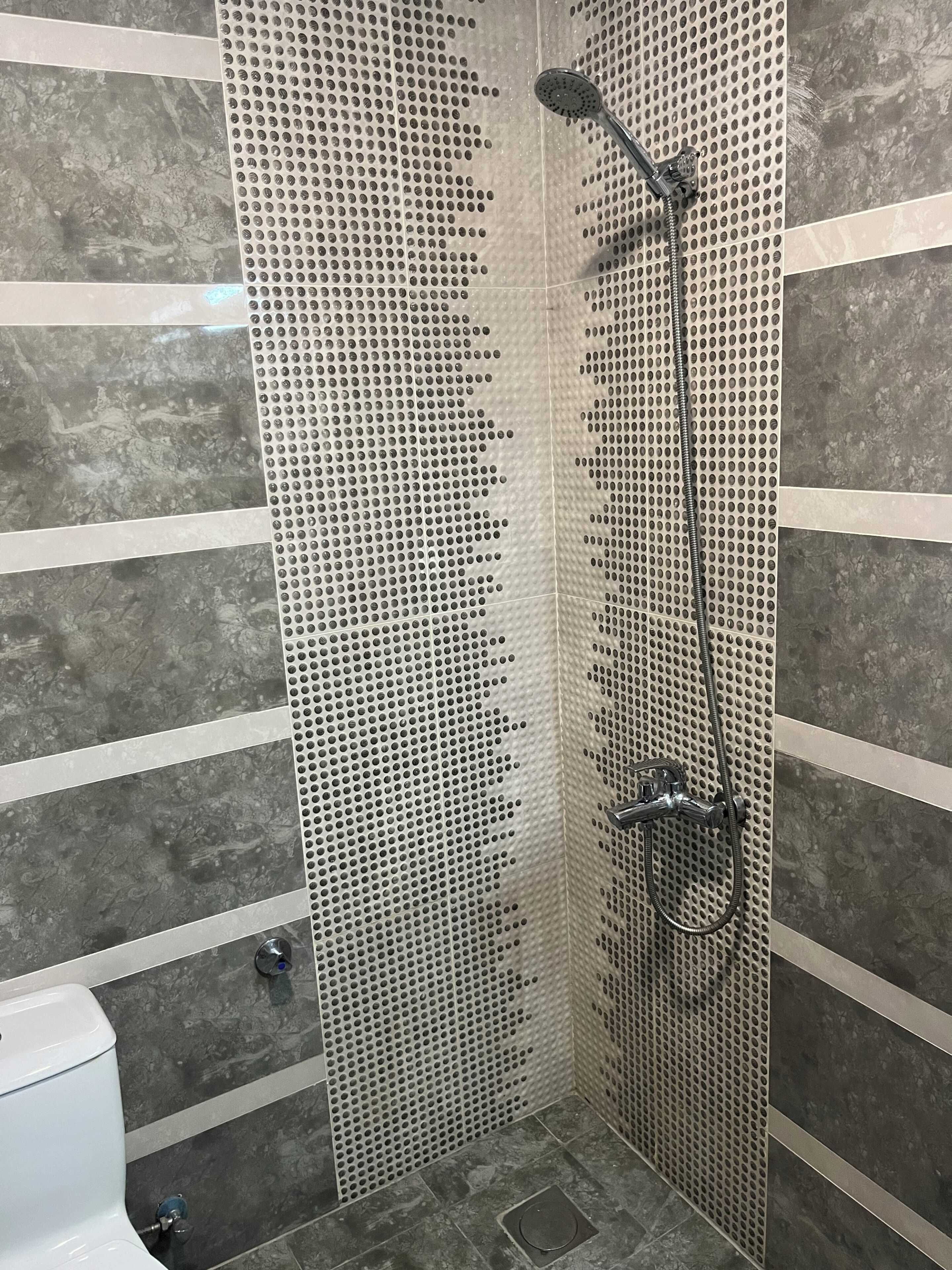 A shower with a perforated wall, a handheld showerhead, and a floor drain.