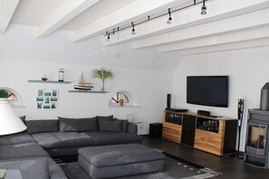 Smart TV, chimenea, reproductor de DVD y libros 