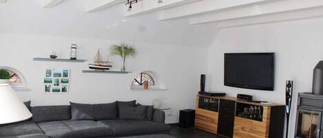 スマートテレビ、暖炉、DVD プレーヤー、書庫