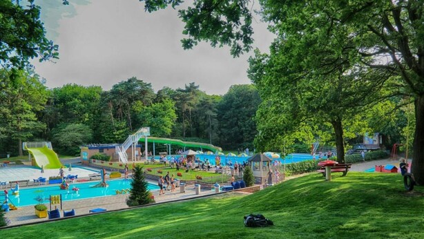 A swimming pool area with a water slide, lounge chairs, and a grassy area. - 6-person holiday home for relaxing retreat. (Balkbrug)