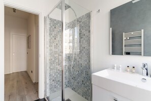 Shower, hair dryer, bidet, towels