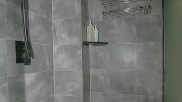 Shower, free toiletries, hair dryer, towels