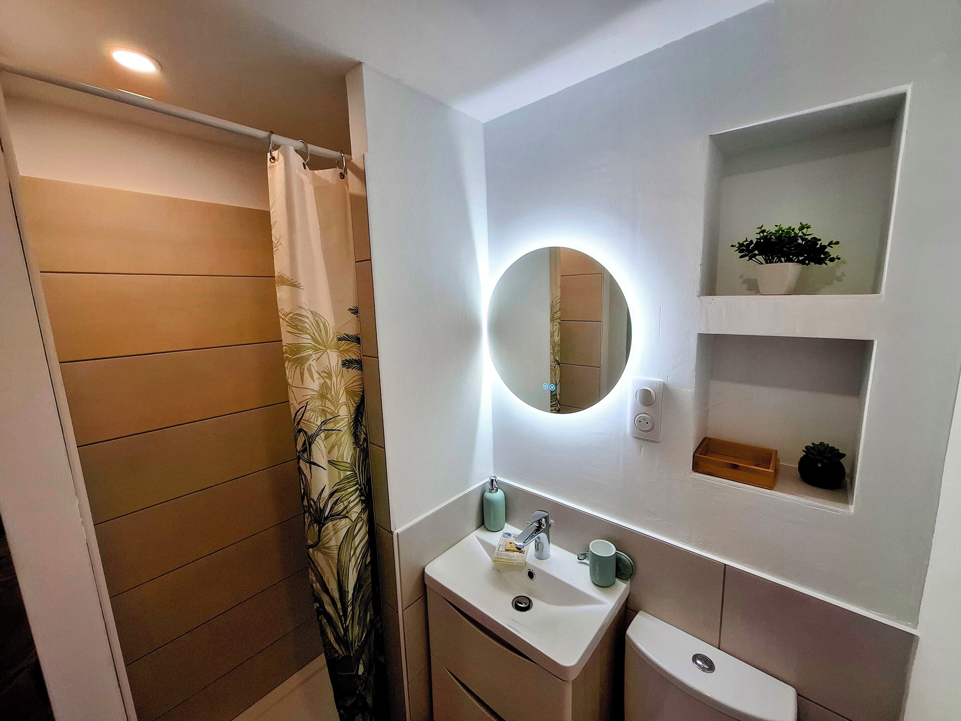 Een moderne badkamer met douchegordijn, wastafel, toilet, spiegel en een plankje met een plant.