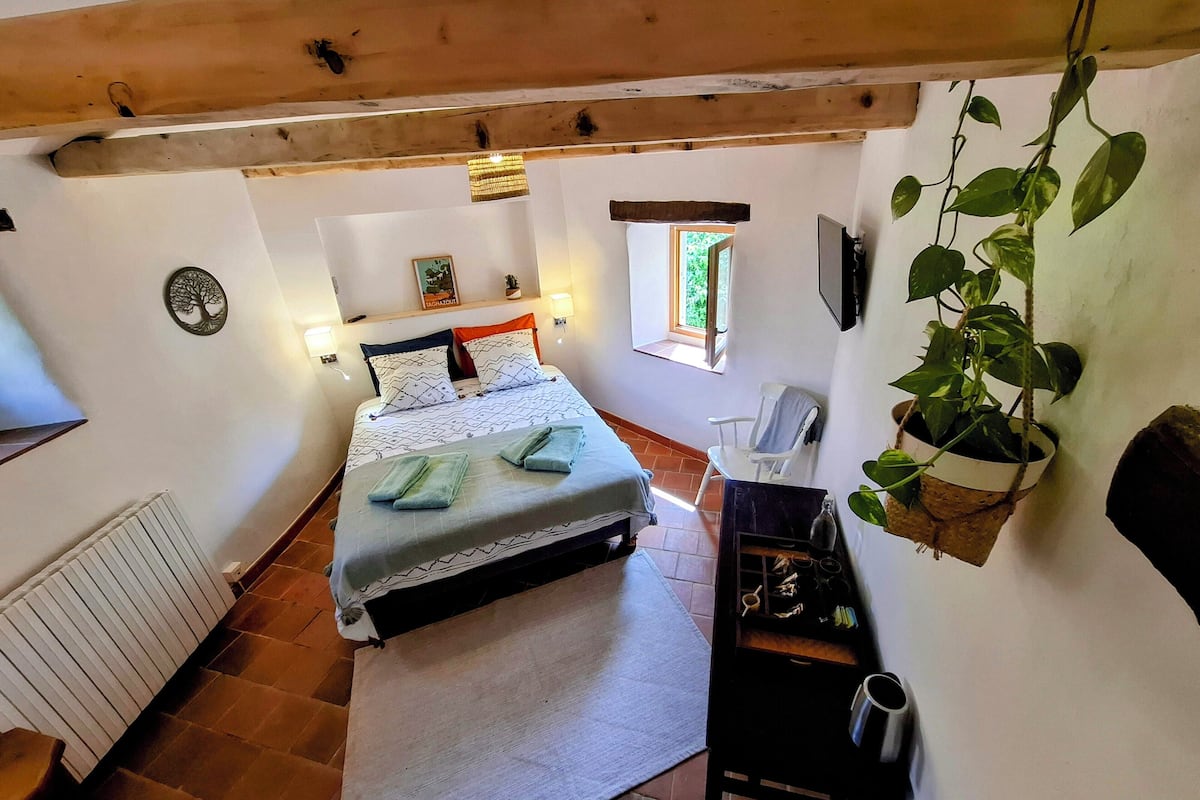 Un dormitorio con cama, una silla, un radiador, una ventana y una planta colgante.