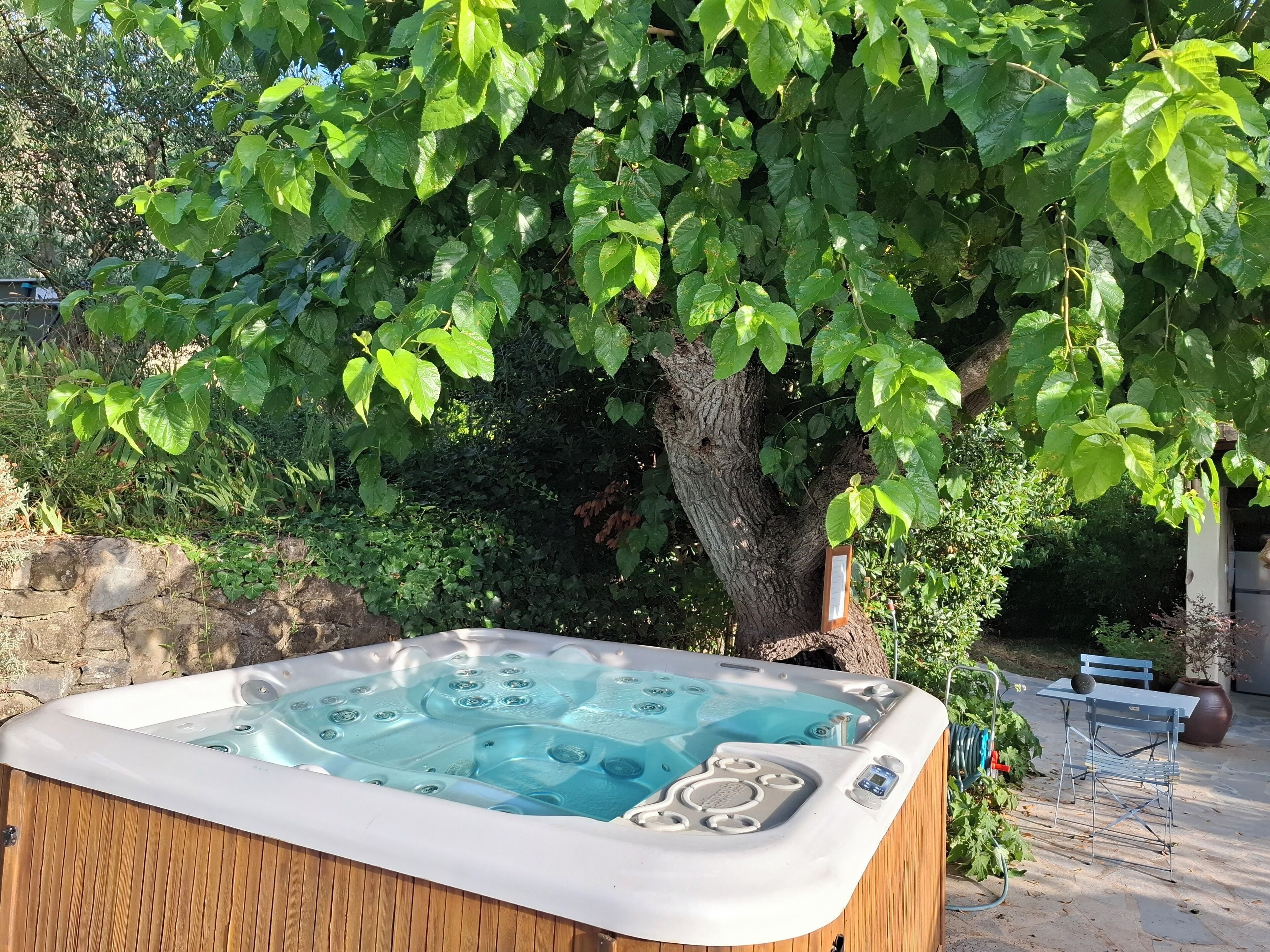 Een hottub met houten buitenkant, omringd door weelderige begroeiing en een stenen muur.