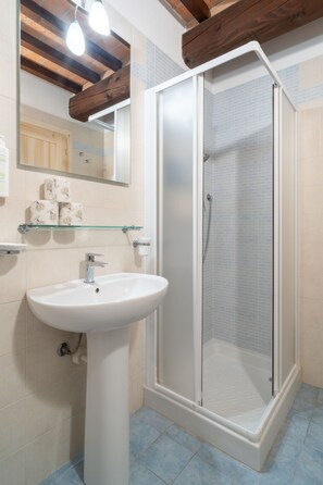 Estudio | Baño | Ducha, secador de pelo, toallas y papel higiénico