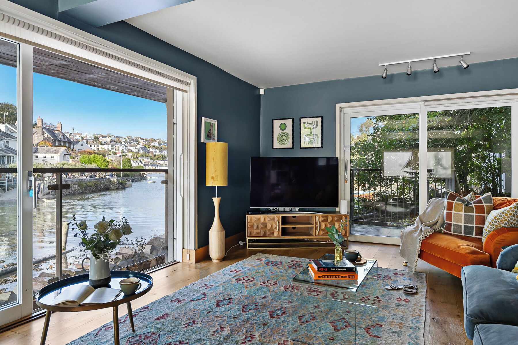 Télévision, cheminée, livres