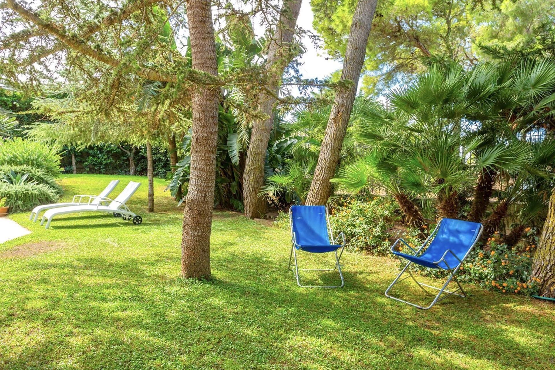 Ein Garten mit zwei Liegestühlen, einem weißen Stuhl und einem blauen Stuhl.