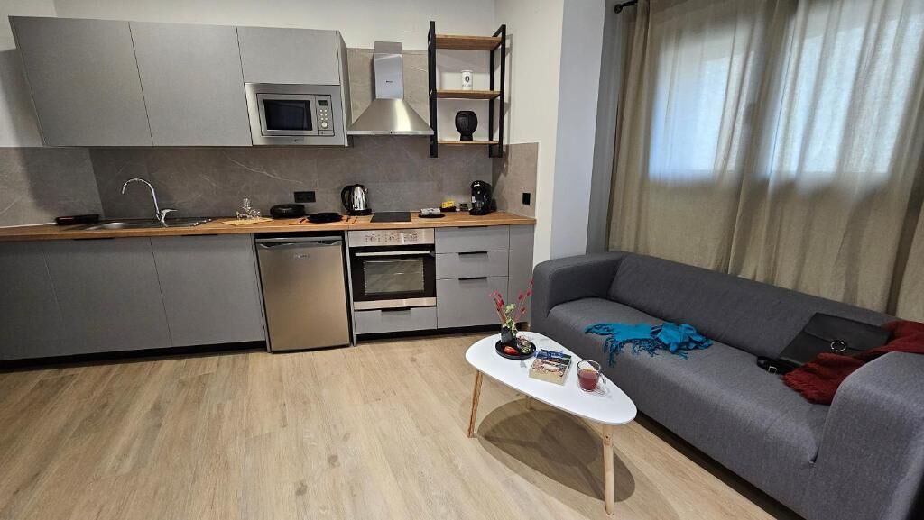 A compact kitchen with a dishwasher, oven, microwave, and a small coffee maker. There's a grey sofa with a red blanket and a white coffee table with a book and a glass.