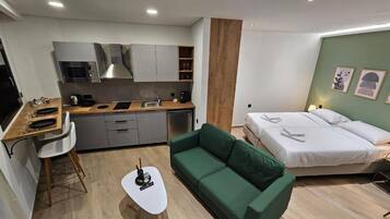 A compact room with a kitchenette, a green sofa, a bed, and a small table with a remote control.
