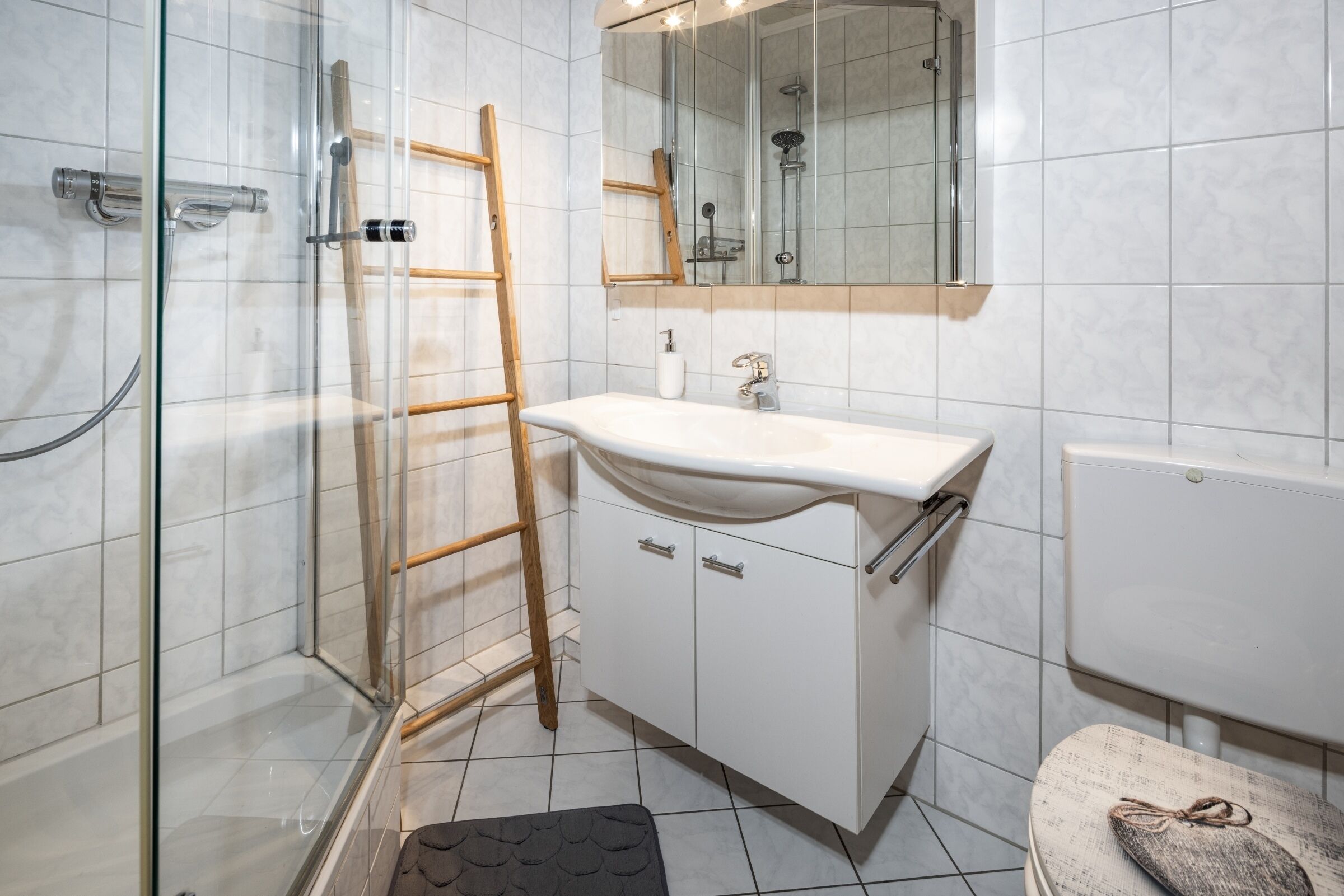 A bathroom with a glass shower enclosure, a wooden ladder, a white sink, and a toilet with a patterned seat.