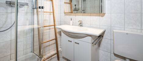 A bathroom with a glass shower enclosure, a wooden ladder, a white sink, and a toilet with a patterned seat.