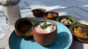 Mesa al aire libre con varios platos y una taza, rodeada de árboles y vista al mar.