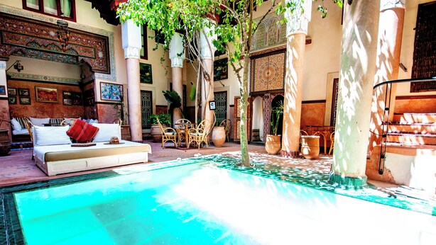 A pool area with a sofa and chairs, surrounded by potted plants and architectural details.