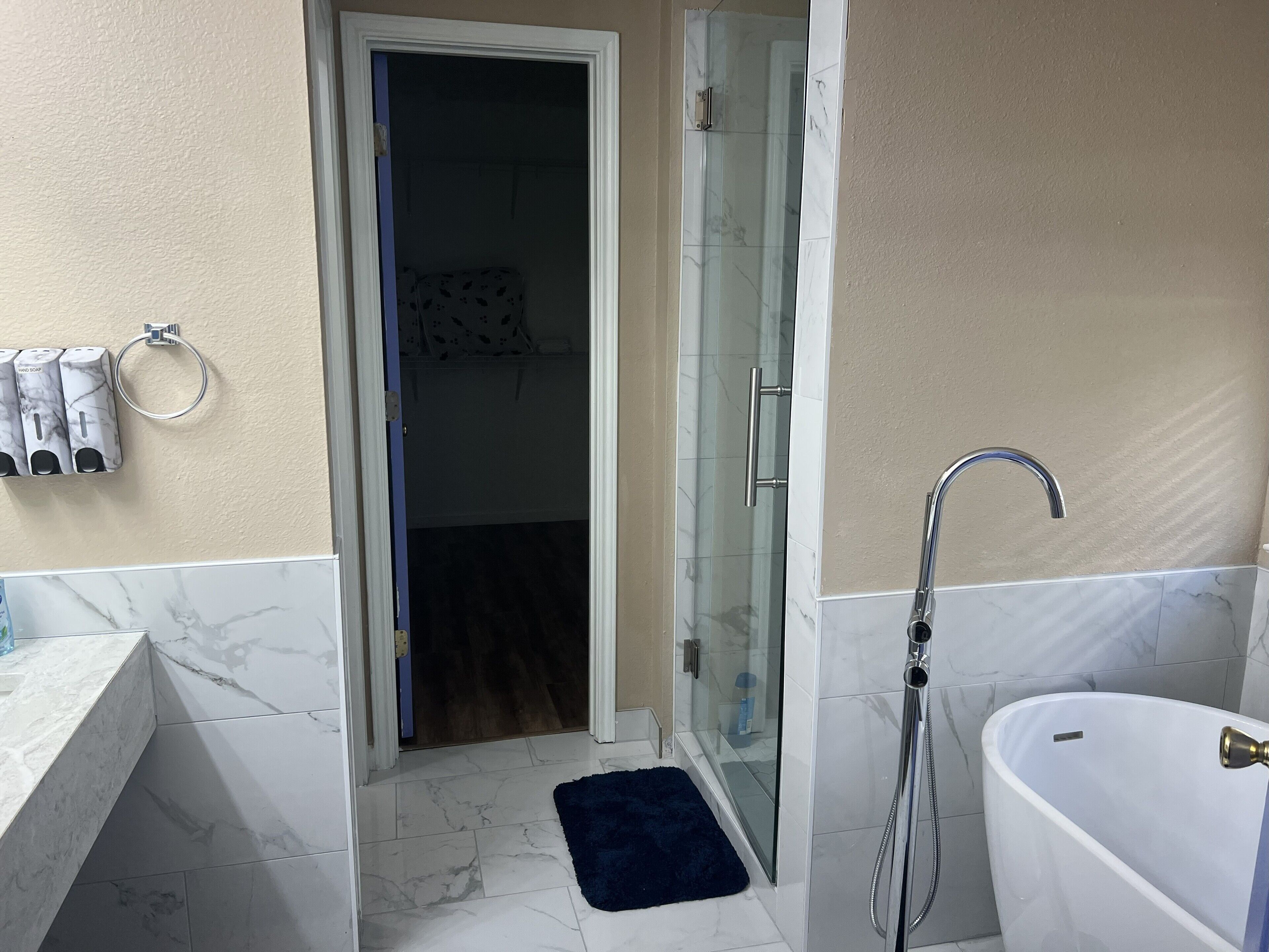 Hair dryer, towels, soap, toilet paper
