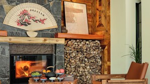 Ein gemütlicher Kaminbereich mit Steinwand, Holzmantel und einem Ventilator.
