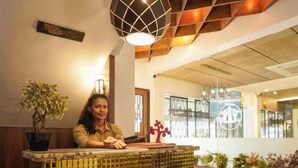 A reception area with a decorative plant, a globe-shaped pendant light, and a patterned floor. - The Food Villa (Mumbai)