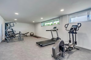 A gym with cardio machines, weight training equipment, and a yoga ball. - Casa Oceana | Pool - Large Terrace - Gym (Estepona)