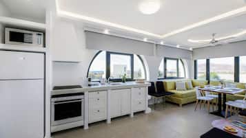 Full-size fridge, microwave, oven, stovetop