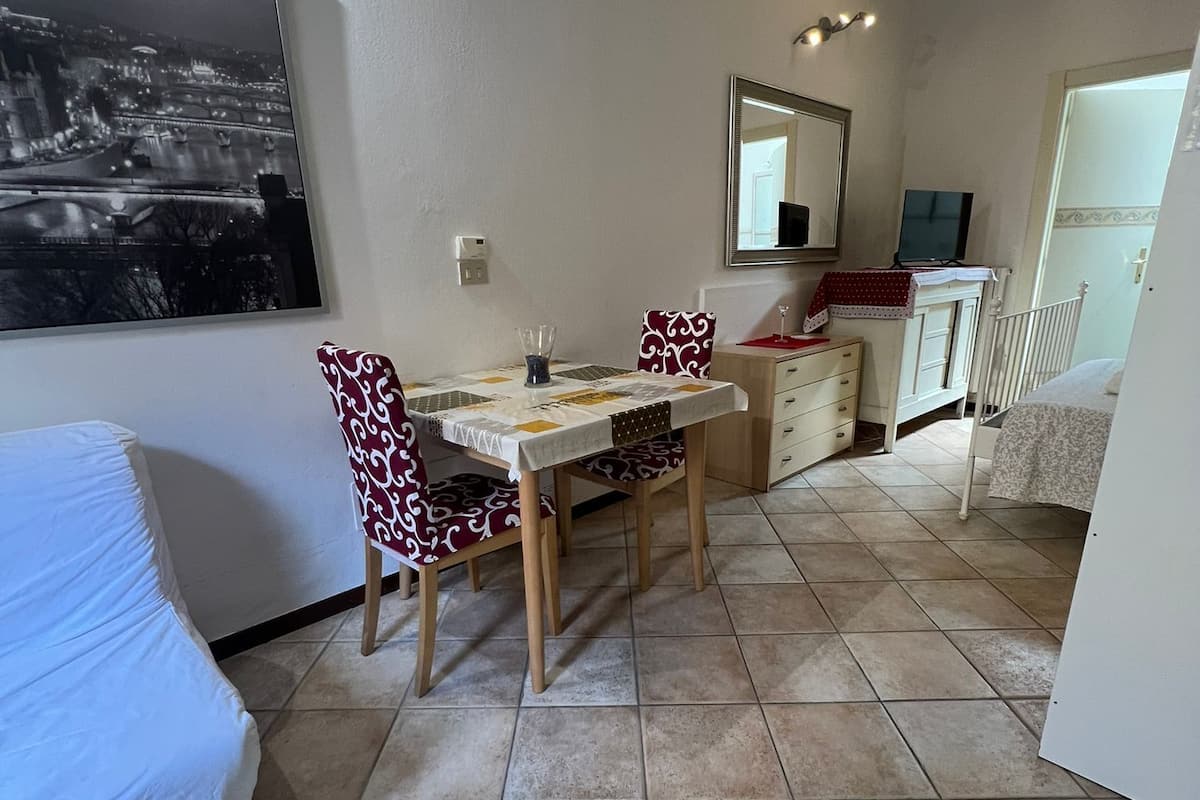 A compact room with a bed, a dining table with chairs, a small cabinet, and a television.