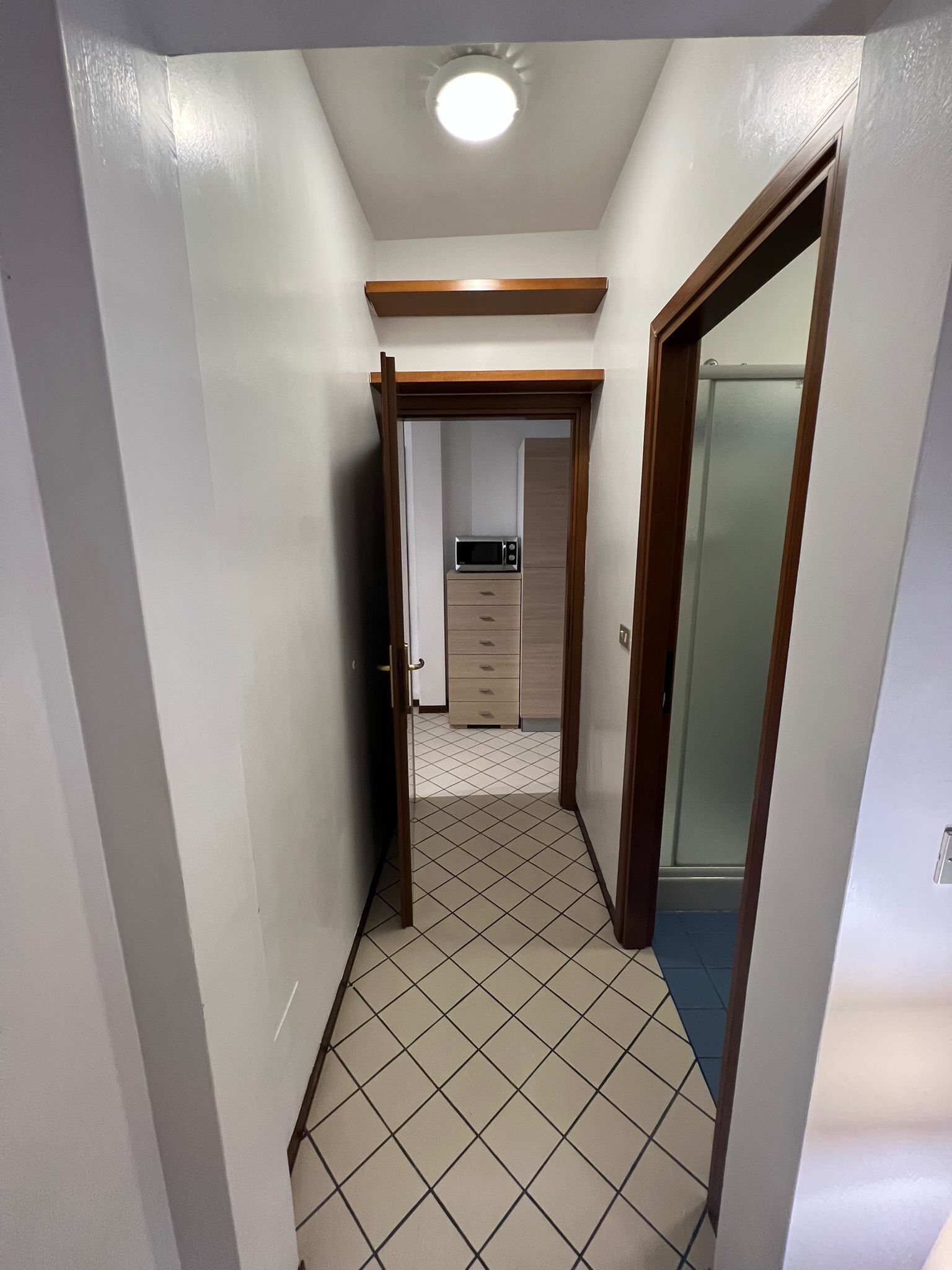A narrow hallway with a tiled floor, a microwave on a cabinet, and a door leading to another room.