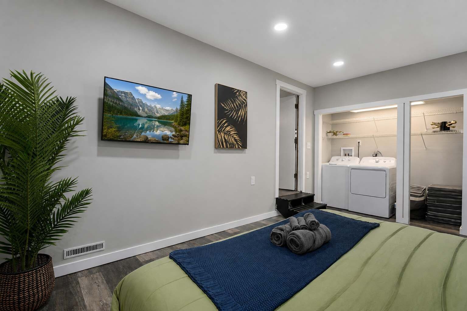 A bedroom with a bed, a potted plant, a painting, a washing machine, and a dryer.