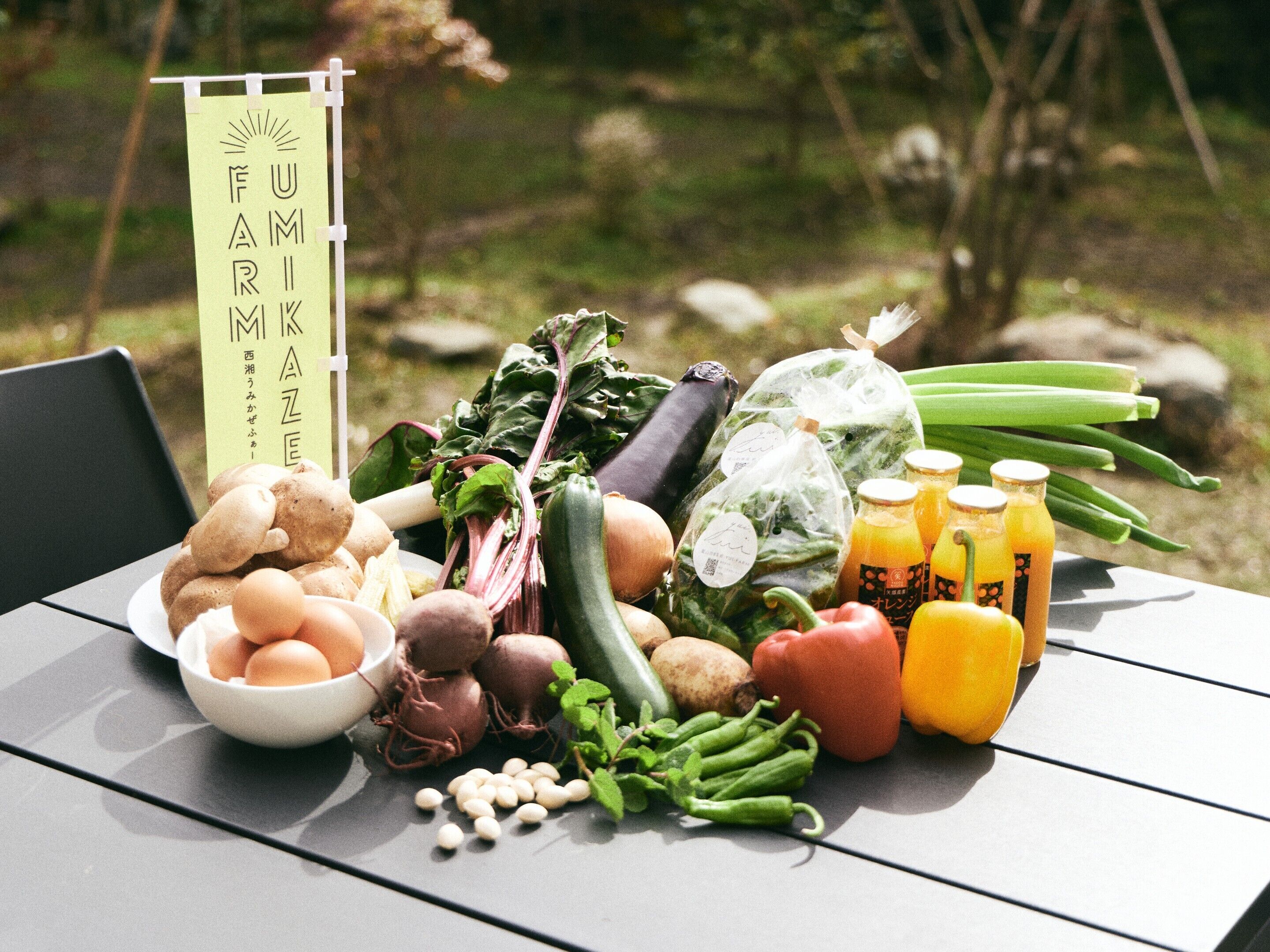 A table with a variety of fresh produce and eggs, a sign with Japanese characters, and a natural outdoor setting.