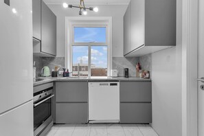 Deluxe appartement | Privékeuken | Een magnetron, een kookplaat, een vaatwasser