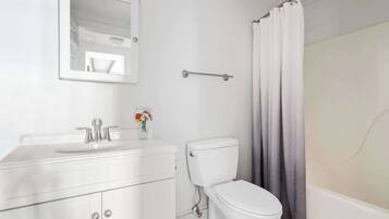 Chuveiro, secador de cabelo, toalhas de banho