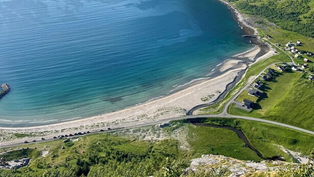 Un paysage côtier avec une plage, une route et une rangée de maisons.