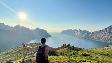 A person standing on a rocky outcrop with arms outstretched, overlooking a mountainous landscape and a body of water.