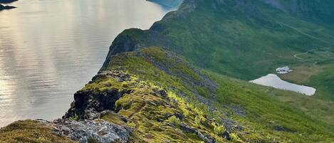 Eine Berglandschaft mit einem Gewässer, felsigem Gelände und einem Hund im Vordergrund.