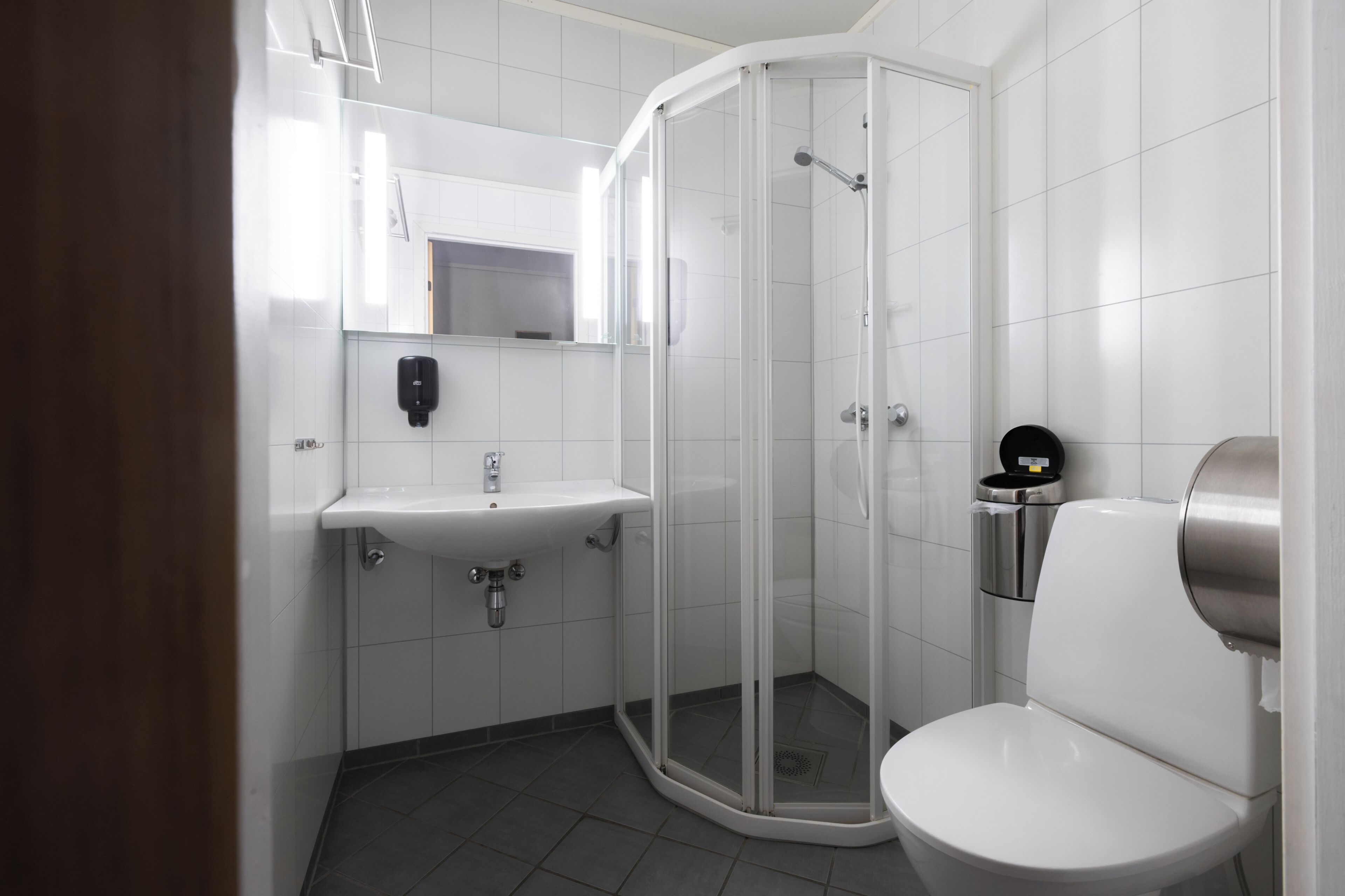 A modern bathroom with a glass shower enclosure, a sink, and a toilet.