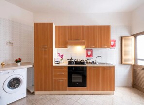 A modern kitchen with wooden cabinets, a built-in oven, a washing machine, and a sink. - Holiday Home 'Via Campania 3' with Private Terrace, Garden and Air Conditioning (Torre Lapillo)