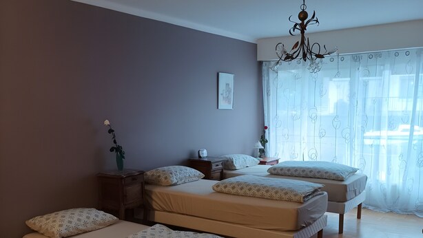 Een slaapkamer met twee bedden, een kroonluchter, een raam met dunne gordijnen en een houten vloer.