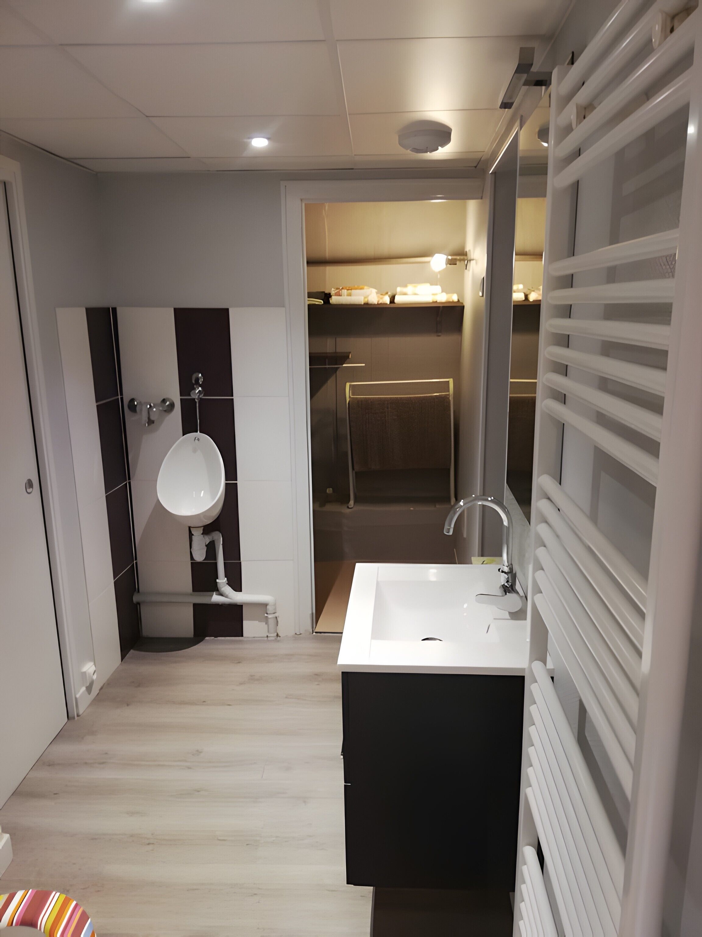 Une salle de bain moderne avec un lavabo blanc, un miroir et un espace douche.