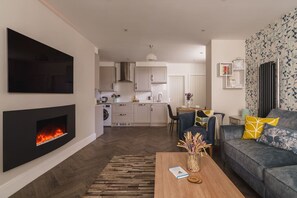 Televisión, chimenea y libros