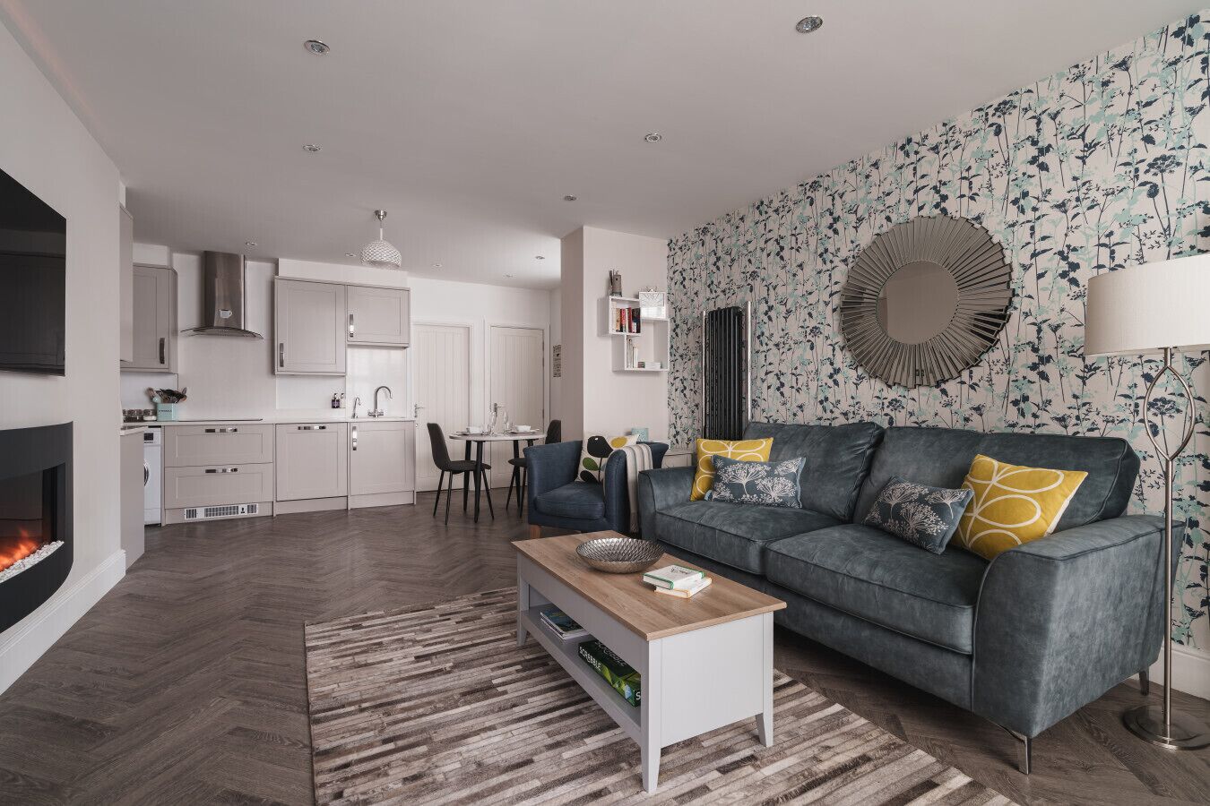 TV, fireplace, books