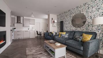 TV, fireplace, books