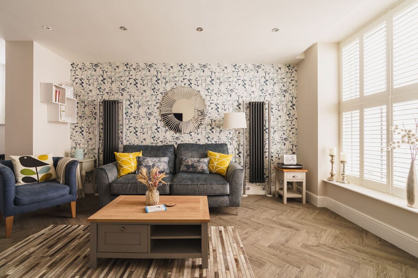 TV, fireplace, books