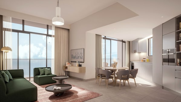 A modern apartment with a living room, dining area, and kitchen. There is a large window providing a view of the sky.