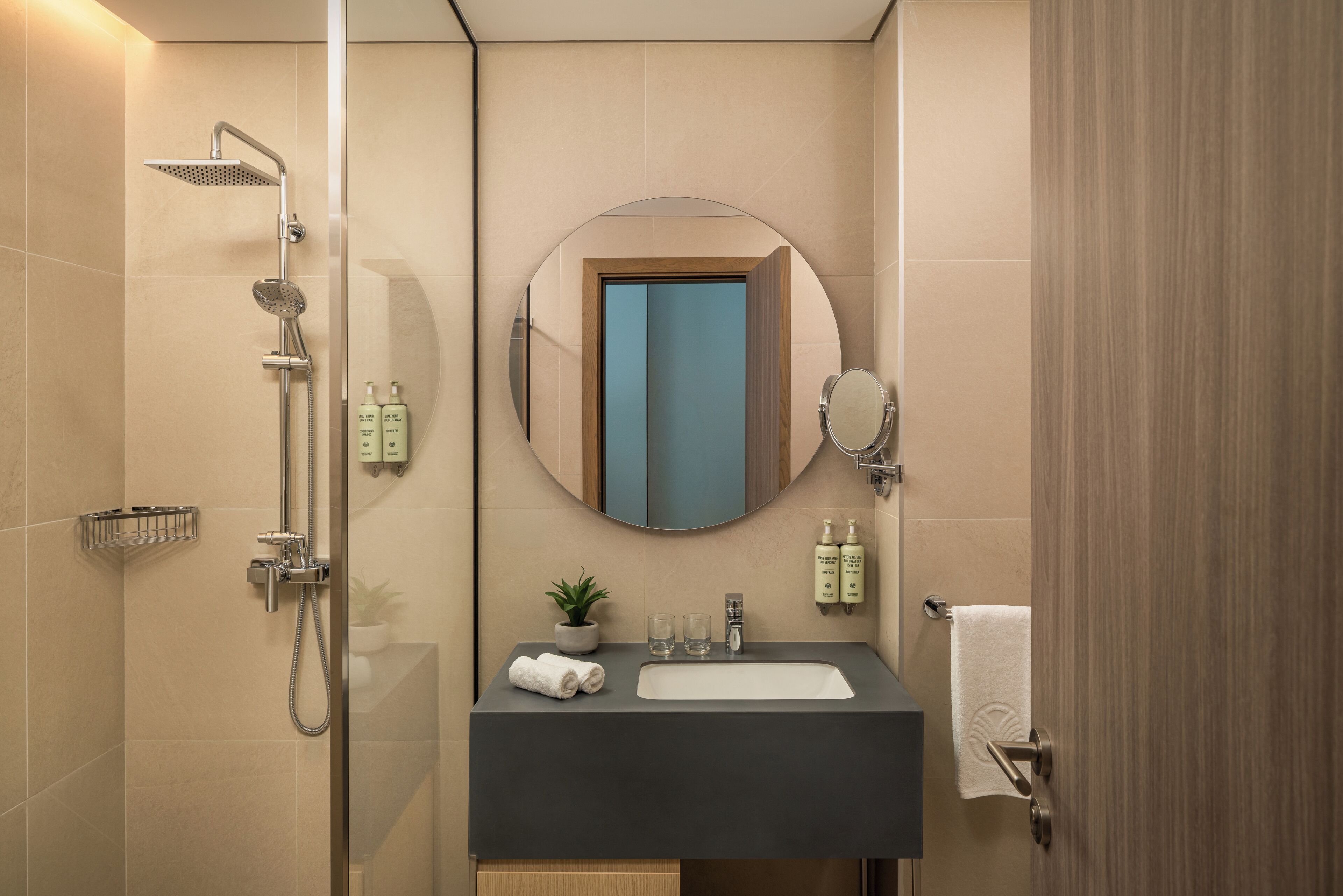 Eco-friendly toiletries, hair dryer, bathrobes, slippers