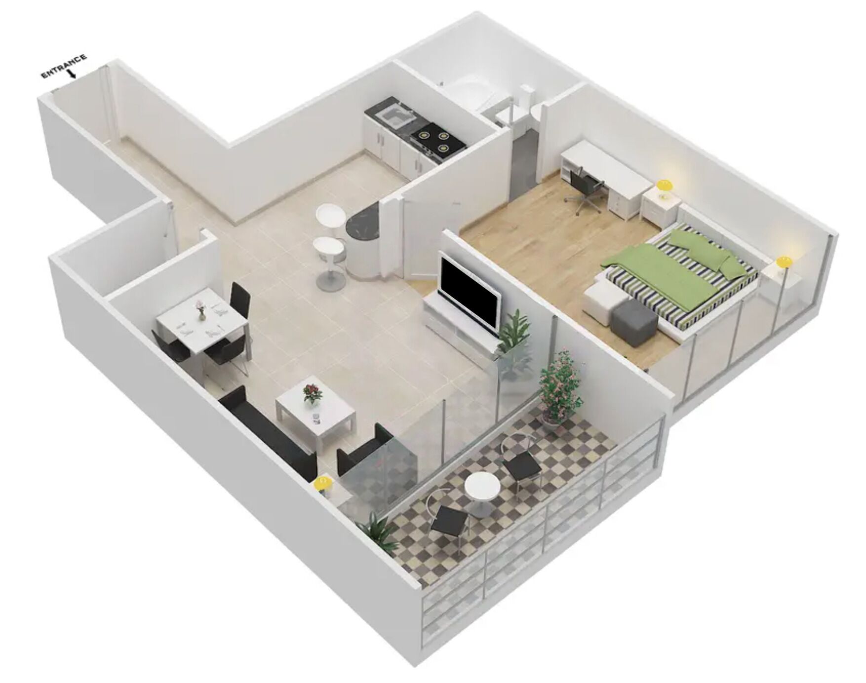 A 3D floor plan of a modern apartment with a kitchen, dining area, living room, and balcony.