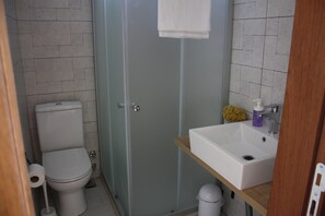 Shower, free toiletries, hair dryer, towels