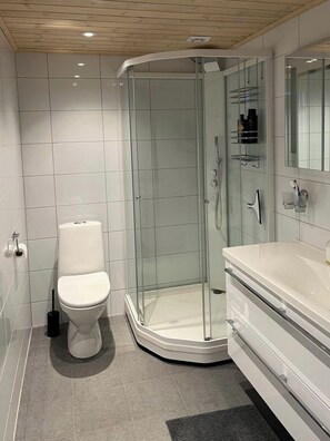 Une salle de bain moderne avec une douche à parois de verre, des toilettes blanches et un meuble-lavabo avec un miroir.