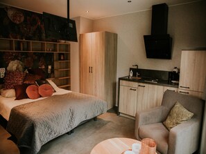 A modern bedroom with a bed, a sofa, a built-in wardrobe, and a kitchenette. - Luxury Holiday Loft in Si-es-an (Balkbrug)