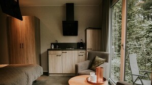 A modern, compact living space with a kitchenette, a sofa, a dining table, and a large window offering a view of greenery. - Luxury Holiday Loft in Si-es-an (Balkbrug)