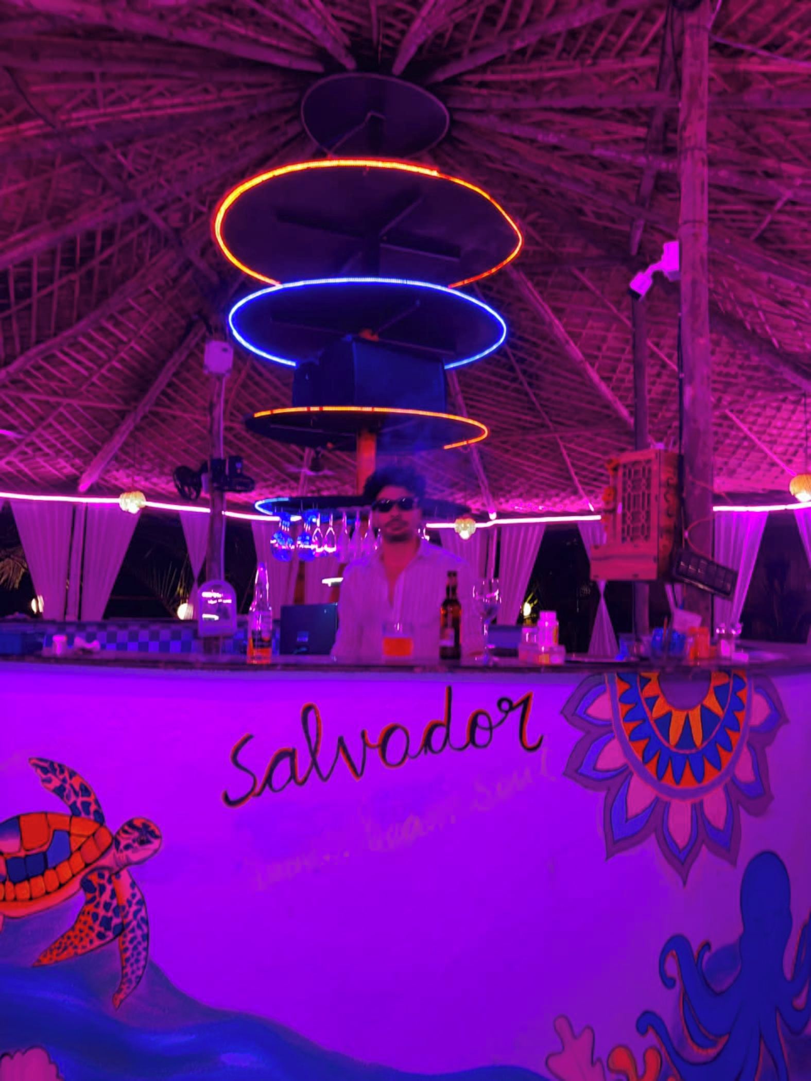 A bar area with a ceiling featuring circular neon lights and a mural with a sea turtle and the word 'Salvador'.